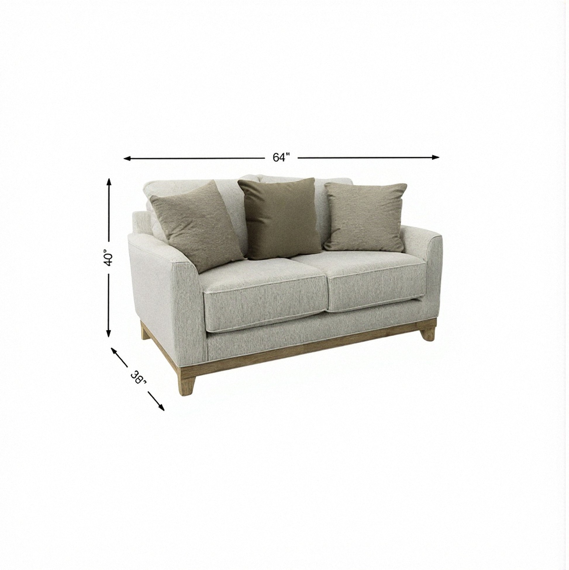 Light gray upholstered loveseat with three cushions, three pillows, and tapered dark legs