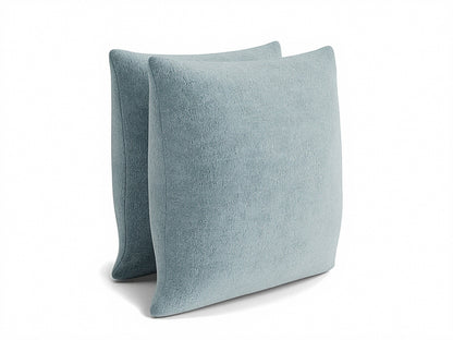 Light blue 22" square pillow, angled view, knife-edge seams and plush texture