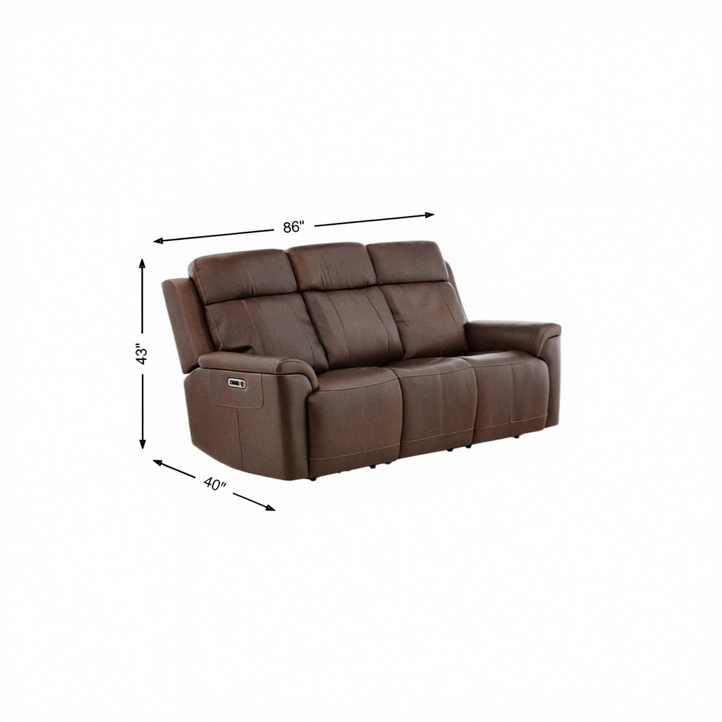 Brown leather power sofa with built-in drop-down table and padded arm controls