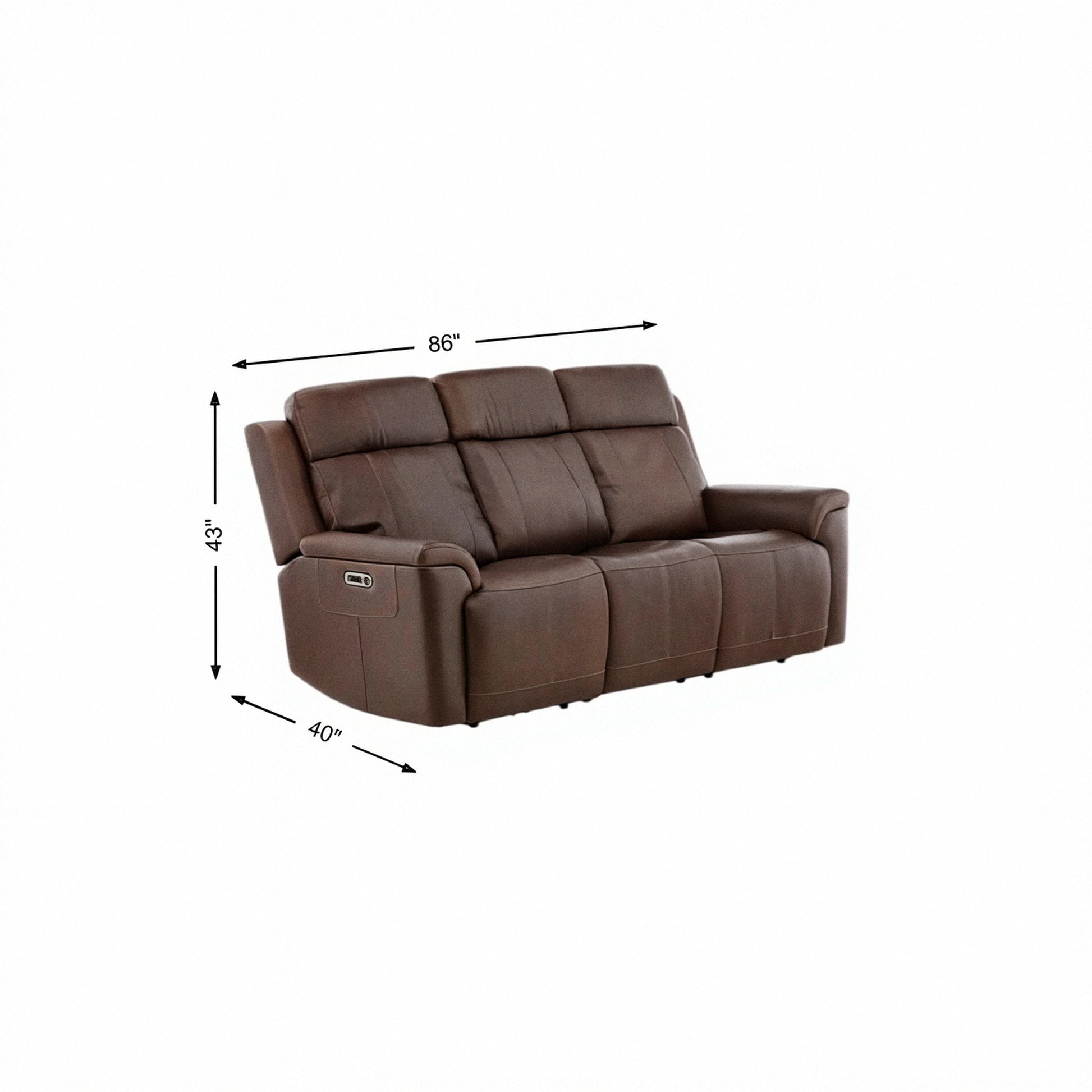 Brown leather power sofa with built-in drop-down table and padded arm controls