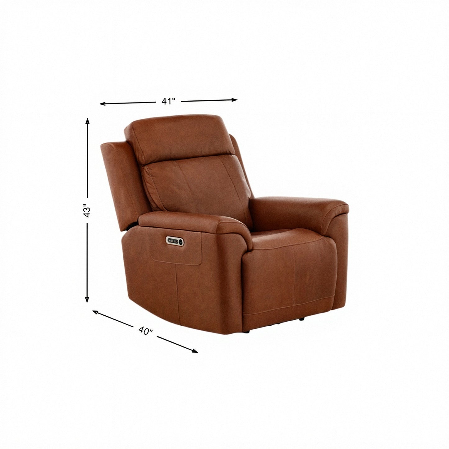 Caramel leather power recliner with padded headrest, rounded arms, and control panel