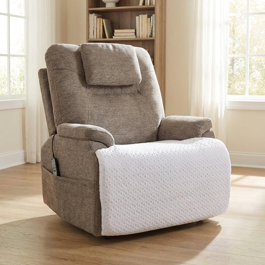 Gray recliner chair protector with white textured seat and arm cover, padded fit