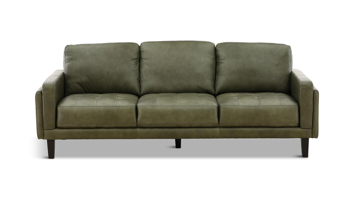 A three-seat sofa upholstered in textured olive green leather, featuring dark wooden legs, shown against a plain white background.