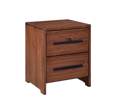 Kalli wooden nightstand with two drawers and dark bar handles, square top