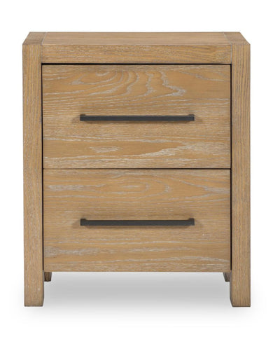 Wood nightstand with two drawers, horizontal dark pull handles and tapered legs.