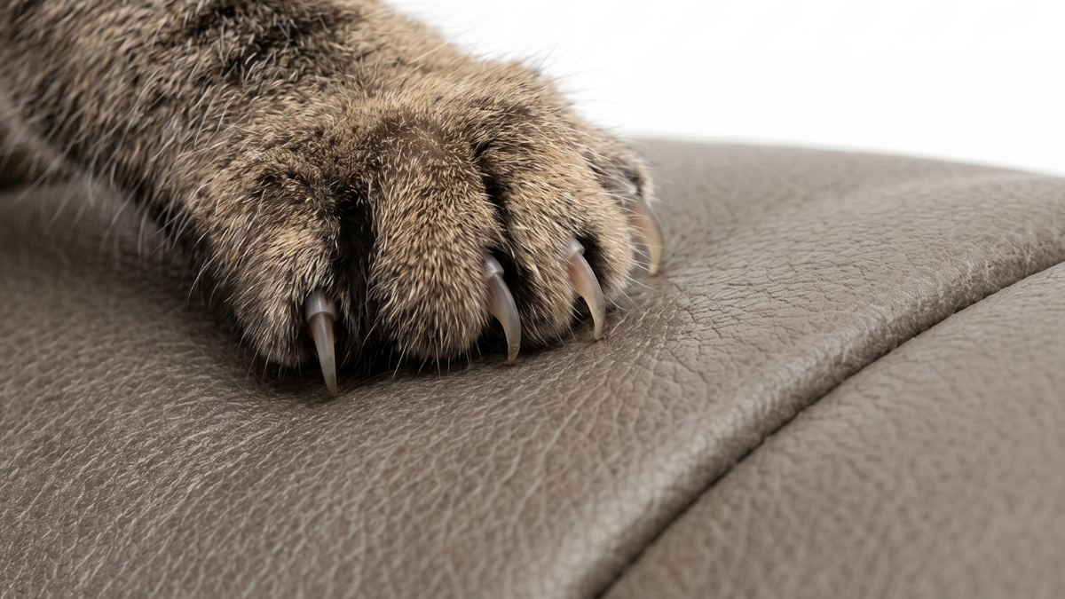 Close-up of a cat's paw resting on a textured taupe leather surface