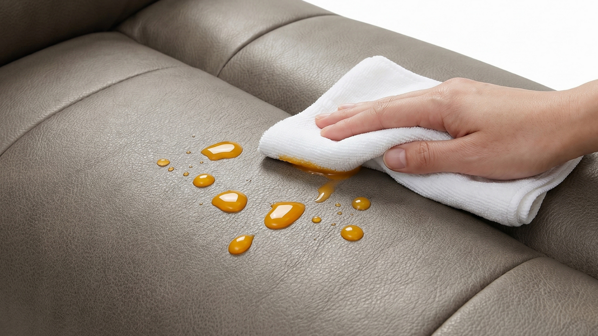 A hand with a white towel wiping up a liquid spill on a leather sofa