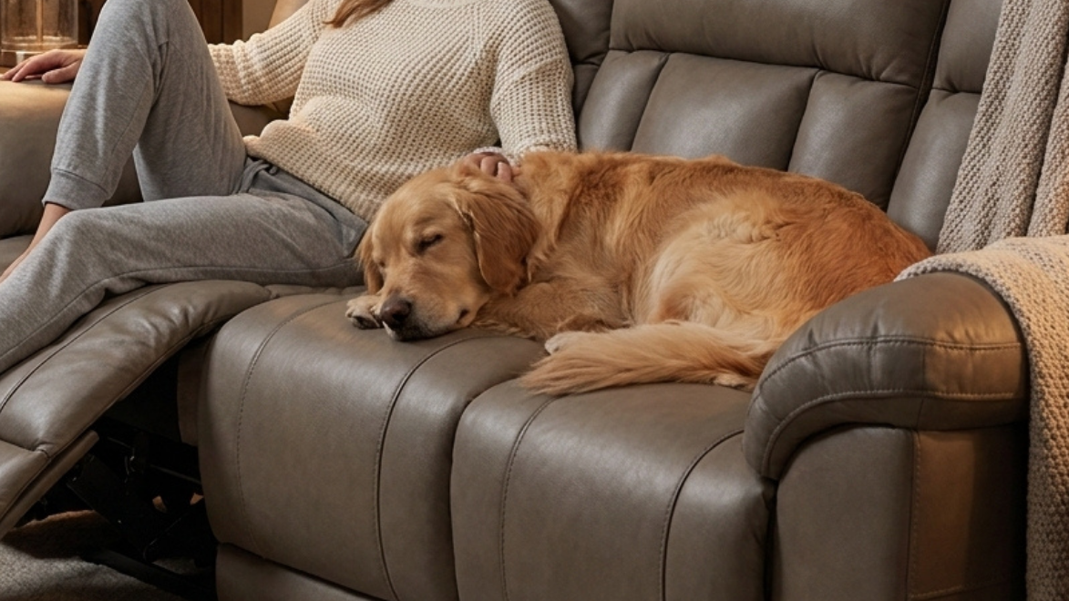 A woman relaxes in a reclining leather sofa with a golden retriever resting on the seat, in a warmly lit living room setting.